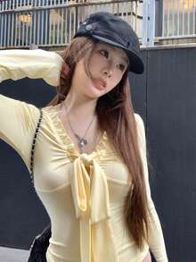 Bowknot Frill V-Neck Fitted Women Top, Early Spring - Light Yellow - View 3