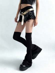 1双原宿风过膝长筒袜，显瘦黑白配色，时尚系带设计，不规则荷叶边，喇叭形袜口，百搭休闲、街头、时尚造型，适合春、秋、冬三季穿着。 - 彩色 - 查看 5