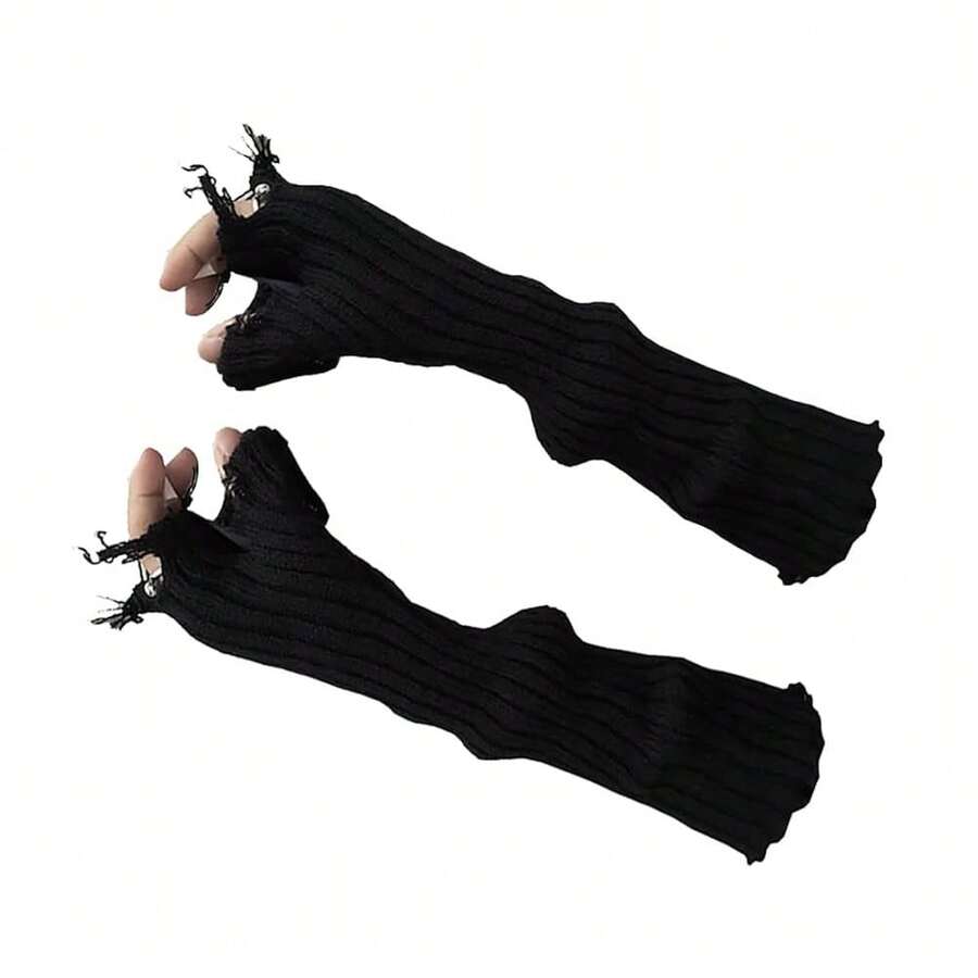 Mrotrida Women's Punk Fingerless Glove Cosplay Ripped Gloves For Halloween Costume Party 1Pair,BlackKnitted - BlackKnitted - 查看 1