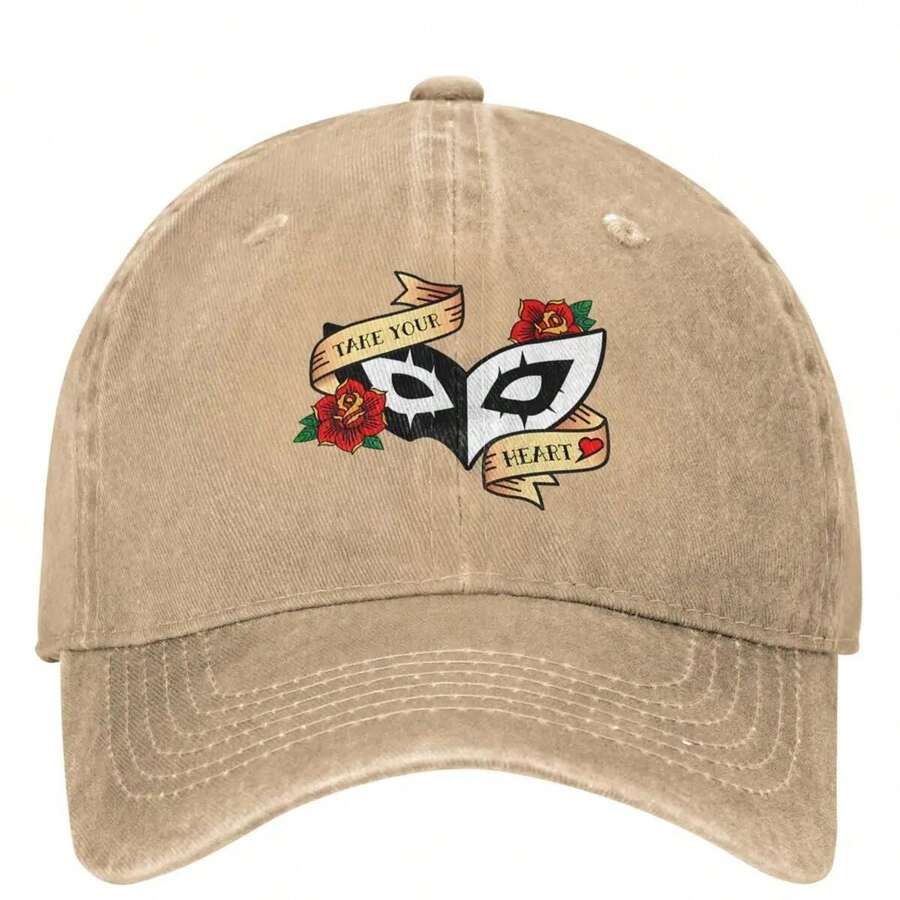 Cotton Baseball Cap With 'Take Your Heart Away' Embroidery, Breathable, Adjustable Size, Hand Wash, Suitable For Casual Summer Hat - Black - View 1