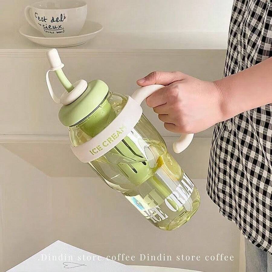 1300ml/44oz Botella de agua de gran capacidad para estudiantes, vaso de hielo de verano, taza esencial de fitness con diseño de barriga linda y pajita anti-derrames