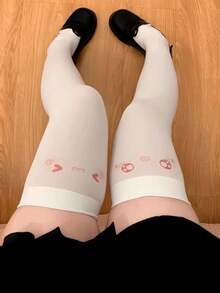 1 Pair Cute Shy Face Print Over-The-Knee Socks, Anime/Manga Style, Summer