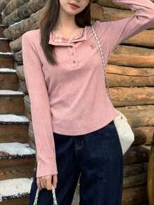 女士纽扣半开襟花卉刺绣罗纹休闲沙滩上衣 - 粉色 - 查看 2