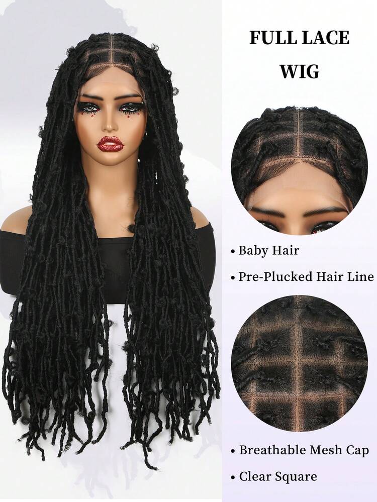 30 Inch Full Lace Wigs Knotless Braiding Fashion Hair Curly Dreadlock Braids Synthetic Full Lace Women's Wig With Baby Hair Braided For Woven Wig Black Black Ombre Brown Burgundy Multi-Color For Women Daily Holiday Party And Music Festival Halloween - Black - View 4