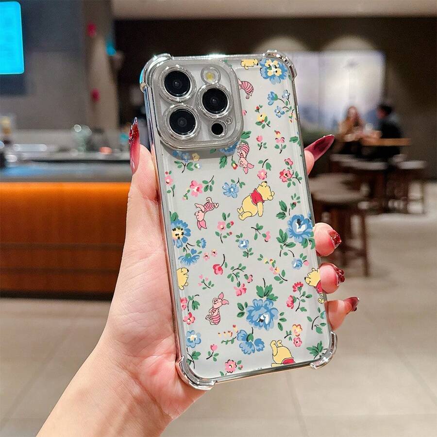 Disney.What Floral Patterned Phone Case With  Winnie The Pooh Showing Friendship And Joy. Compatible With IPhone 17, 16, 15, 14, 13, 12, And 11 Pro Models. Made Of TPU With Shockproof Protection. A Delightful Gift For Loved Ones, Perfect For Birthdays, Holidays, And Special Occasions. - 銀色 - 查看 1