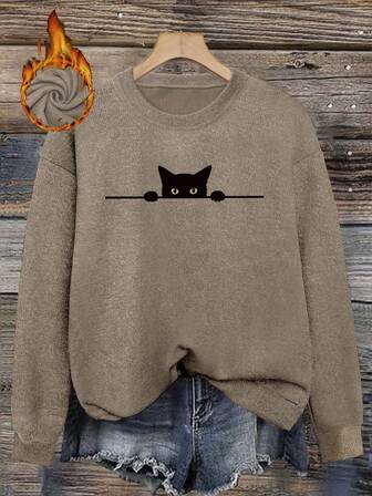 Damkläder för vardagsbruk Katt, Tittar Pose, Horisontellt Linjeelement Rund hals Långärmad Casual Vår/Höst/Vinter Damtröja/Damluvtröja Alla hjärtans dag/Tillbaka till skolan Vinterkläder för kvinnor Söta Toppar