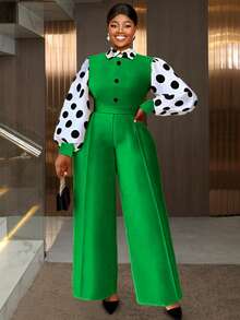 Elegant Plus Size Green Long Jumpsuit, Decorated With Polka Dot Bishop Lantern Sleeves, Shirt Collar And Button Accents, Loose And Comfortable - Green - View 5