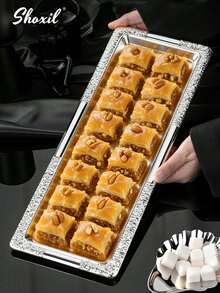 shoxil 1个银色金属长托盘，可作餐盘、储物托盘、蔬菜托盘，中东风格托盘，有3种尺寸可选，适合家庭、餐厅、用餐，也可用于斋月期间。