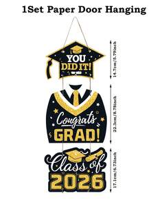 一套2026届毕业派对门挂，黑色金色毕业季挂旗，带有毕业帽和毕业袍图案，“你做到了！祝贺2026届毕业生！”纸质挂饰，毕业照相亭道具，毕业季派对背景装饰横幅，毕业派对用品，照相亭道具，同学聚会，毕业典礼装饰，祝贺毕业派对装饰，送给朋友的毕业礼物 - 2026黑金 - 查看 8
