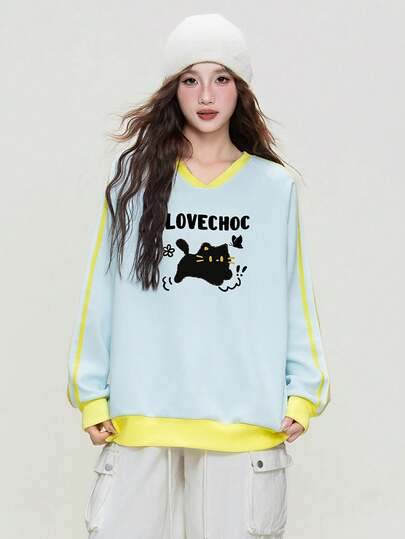 JUTU Spring & Autumn Women's Loose Fit V-Neck Sweatshirt With Cat, Letter & Striped Colorblock Print, Casual Style