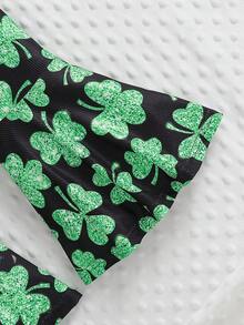 1pc Girls Sleeveless Waist Cinched Dress With Ruffle Hem And Four-Leaf Clover Pattern, Summer - Green - View 5