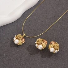Pendientes de cristal de rosa elegantes vintage, pendientes de perlas de flor retro románticos franceses, conjunto de dos piezas de collar - collar de oro - Ver 8