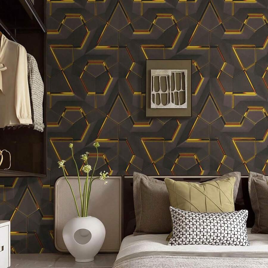 1 Roll 3D Vintage Brick Texture Decorative Wall Sticker, Asymmetrical Black & Gold Geometric Pattern, TV Backdrop DIY Decor, Easy To Clean, Suitable For Cabinets, Furniture And Room Walls, Self-Adhesive Wallpaper - Multicolor - View 1