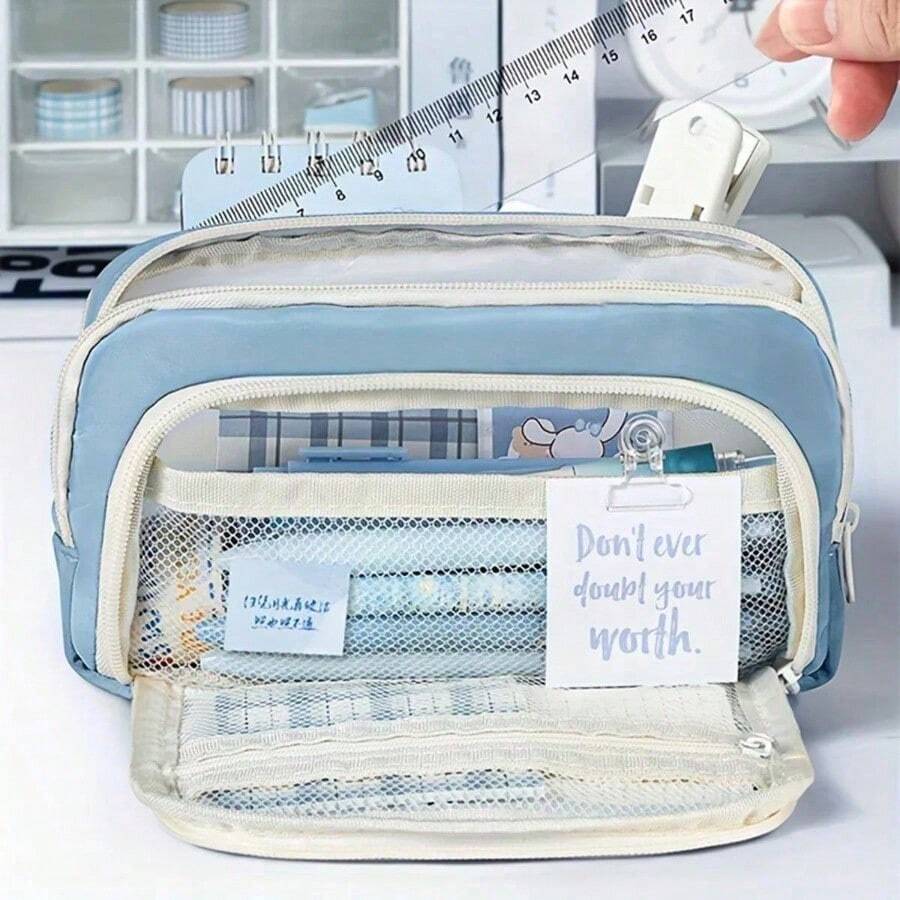 Large Capacity 3 Layers Pen Box Kawaii Pencil Cases Cute Pen Holder Pouch For Students Back To School Stationery Supplies - Blue - View 1