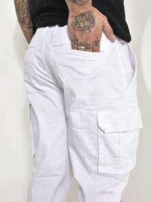 Men's Casual Cargo Pants With Multi-Pocket Design And Elastane - White - View 3