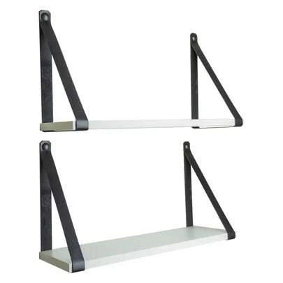 KIT 2 PRATELEIRAS COM ALÇA DE COURO ECOLOGICO PRETO DECORAÇÕES