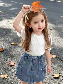 女童不对称爱心刺绣水洗牛仔工装裙 - 藍色 - 查看 5