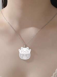 1pc Classic Stainless Steel Cute Cat & Blessing Character Pendant Necklace, Lucky Amulet Jewelry Gift For Men & Women - Cat - View 7