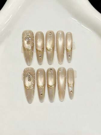 10 st långa stiletto handgjorda press-on naglar för fest och vardagsbruk, guldnaglar, grund guldgradient, lätta att bära. 10 st Y2K handgjorda press-on naglar, lyser starkt, lämpliga för tjejer och kvinnor, festivaler, fester och vardagsbruk.