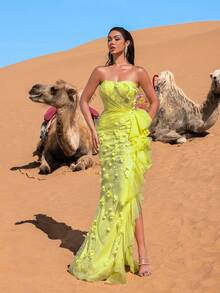 Faeriesty Embroidered Ruffle Hem Elegant Strapless Dress Party - Yellow - View 7