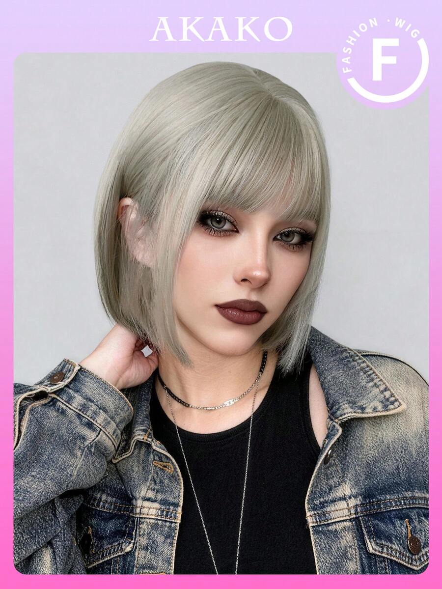 AKAKO 女士短直灰色假发，10英寸波波头假发，带刘海，耐热纤维柔软合成全机织发，彩色动漫角色扮演假发，适合日常派对、节日、音乐节角色扮演，以及前卫的Y2K和哥特街头风格。 - 灰色 - 查看 1