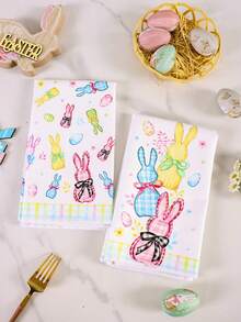2条装复活节厨房毛巾，40*48厘米，彩色水牛格纹兔子图案，农舍风格柔软吸水春季装饰手巾，非常适合厨房和浴室节日装饰，家用擦洗抹布，复活节家居装饰，乔迁礼物