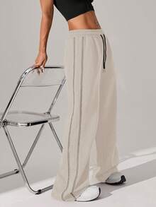 女士华夫格针织宽松直筒抽绳腰撞色休闲运动裤，春夏款 - 杏色 - 查看 7