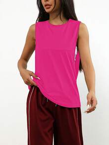 1pc Loose Fit Comfortable Solid Color Sleeveless Pullover Casual Sportswear For Daily, Running, Fitness, Spring/Summer - Hot Pink - View 6