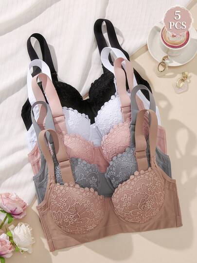 5 件装多色性感蕾丝内衣女士舒适钢圈聚拢文胸