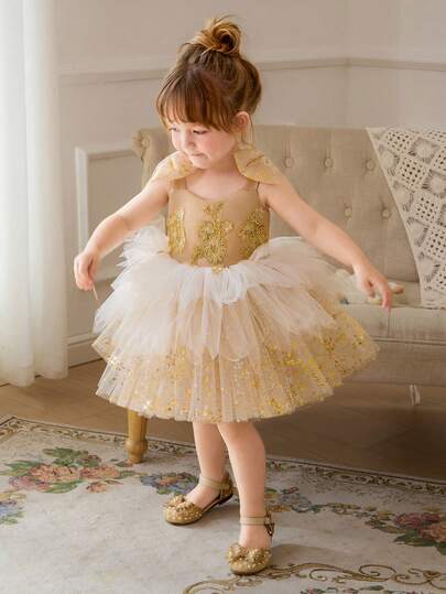 Baby Girls 0-3 Years Gold Embroidery Sequin Mesh Bow Elegant Princess Dress, Suitable For Infant Toddler 1st Birthday Party, Wedding Flower Girl Luxury Formal Gown