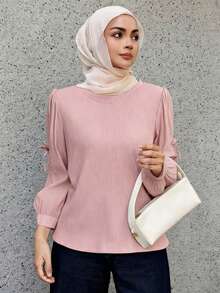 DAZY 女士圆领长袖衬衫配领带蝴蝶结、甜美温柔女友衬衫、长袖上衣 - 粉色 - 查看 2