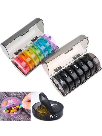 Estojo para comprimidos portátil, colorido, à prova de umidade e odores, com capacidade extra grande, ideal para viagens, organização de comprimidos para 7 dias, adequado para vitaminas, óleo de peixe e outros medicamentos, ótimo para viagens, acampamentos e uso em qualquer lugar.