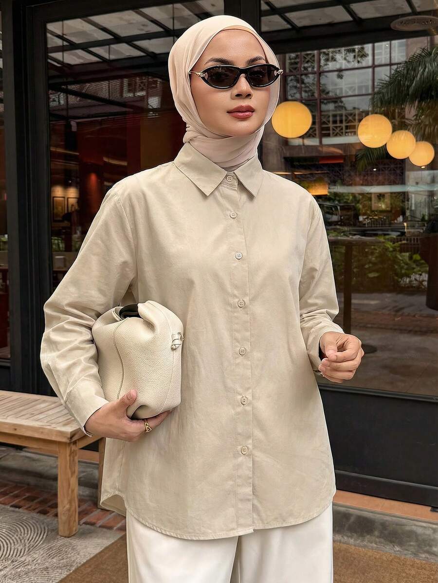 DAZY 女士纯色长袖春季日常衬衫、长袖上衣 - 米色 - 查看 1