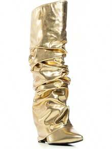 Women's Slouched Ruched Fold Over Boots - Patent Leather Covered Wedge Heel Wide Calf Pointed Toe Knee High Casual Boots - Gold - View 2