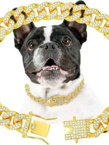 1 Set Gold Hiphop Pet Collar - Rhinestone Crystal, 35cm Adjustable Chain, Fashionable Cat/Dog Accessory - Silver - View 9
