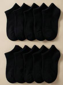10 Pairs Kids Socks, Solid Color Classic Casual Breathable Sports Socks, Comfortable Soft Fashionable Versatile Ankle Socks, Suitable For Outdoor Sports, Campus, And Daily Wear, Spring/Summer - Black - View 2