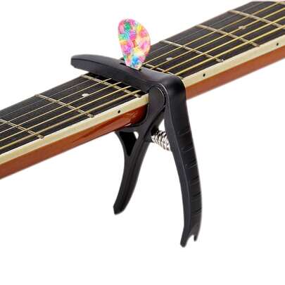 1pc Black 3-In-1 Guitar Capo, Nylon Capo, Can Clip Pick, Compact & Portable, Durable ABS Material With Good Toughness And Wear Resistance, Ukulele Tuning Clamp, Musical Instrument Accessory, Guitar Accessory, Easy To Play, Can Remove String Pins, Suitable For Folk Guitar, Band, Guitar Gift, Guitar Decoration, Stage Performance, Performance Accessory, Music Teaching Accessory, Outdoor Performance, Travel, Music Gift, Birthday Gift, Gift For Her, Gift For Him, Gift For Friends