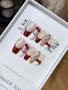 红白法式波点棺材形压制假指甲 - 紅白色 - 查看 2