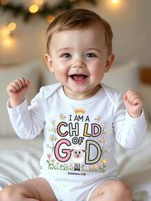 女婴卡通标语印花长袖连体衣 - 白色 - 查看 1