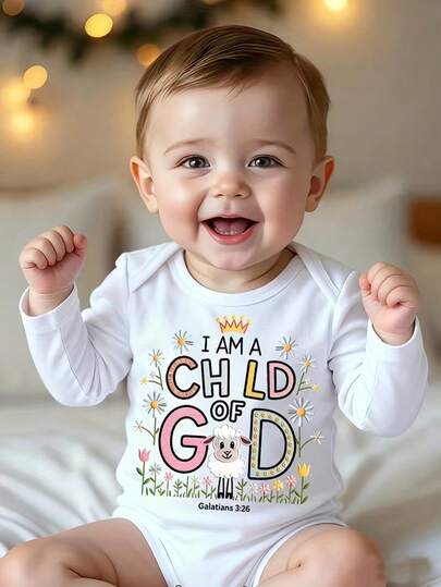 Baby Girl Cartoon Slogan Print Long Sleeve Romper