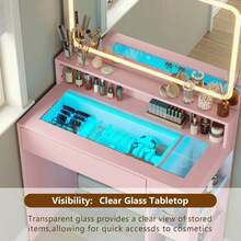 CollaredEagle Vanity Desk With Illuminated Mirror & Power Outlet, Bedroom Dresser LED Mirror Stepless Dimmable & 3 Color Modes Adjustable, LED Tempered Glass Top, Large-Capacity Storage Shelving - 粉色 - 查看 5