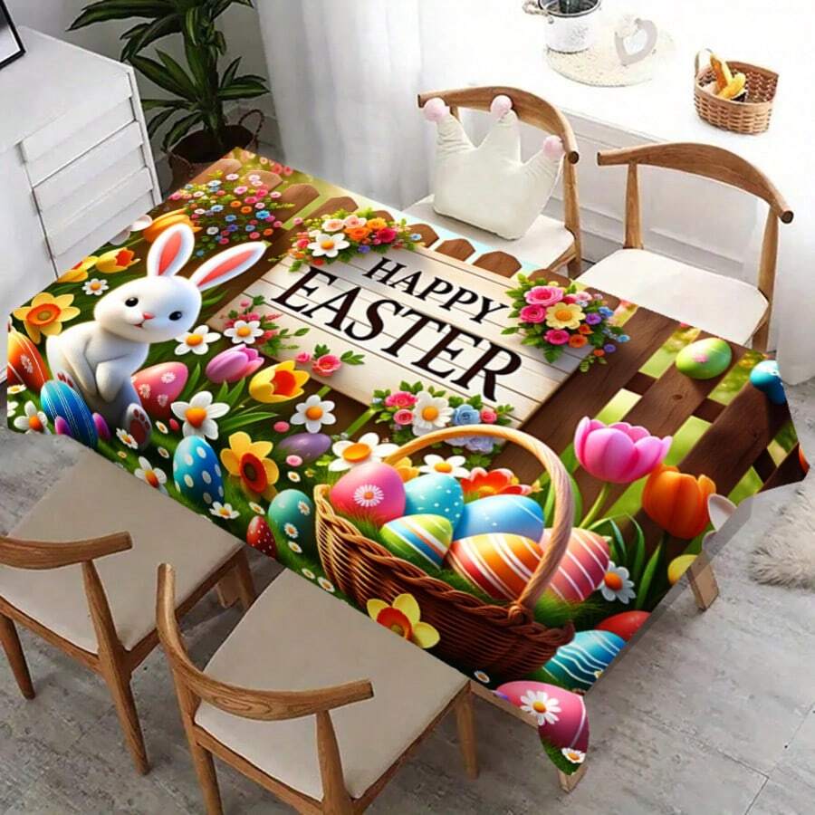 1pc Polyester Easter Eggs & Bunny Garden Pattern Tablecloth, Spring Floral & Egg Decor, Holiday Atmosphere Decorative Fabric Tablecloth For Outdoor Party, Picnic, Dinner, Ideal For Home And Restaurant Decoration