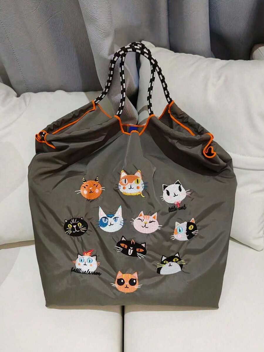 1个时尚百搭刺绣11只猫头鹰图案尼龙大容量轻便购物手提包，适合通勤、购物、度假、聚会，女士单肩斜挎包 - 彩色 - 查看 1