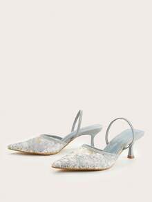 Giày cao gót mũi nhọn, chất liệu lưới, họa tiết hoa, quai ngang mắt cá chân, thích hợp cho đám cưới và tiệc tùng, kiểu giày gót nhọn (Kitten Heels). - Màu xanh nhạt - Xem 2