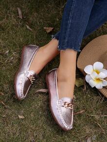 Women Round Toe Penny Loafer Flat Shoes, Large Size, Mirror Finish, Solid Color, Flexible, All-Season, Minimalist Design, Polyurethane Upper, Fabric Inner, TPR Sole, No Sequins, Hand Wash Or Professional Dry Clean - Rose Gold - View 5