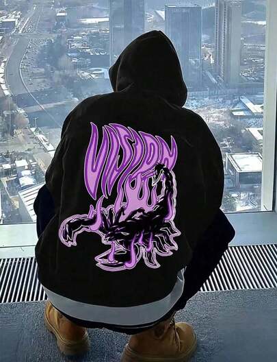 Sudadera con capucha y cremallera completa de inspiración urbana para hombre, con llamas moradas, suave y elegante, con cordón ajustable y bolsillos delanteros. Perf.jpg