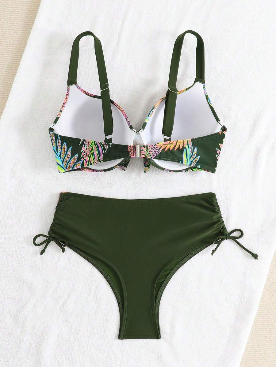RWX VEST Plus Size Bikini Set With Floral Print, Tie-Up Top And Front Detail - XX561 - 軍綠色 - 查看 1