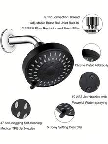 Cabezal de ducha redondo de alta presión de 5 modos, rociador de ducha de alta presión de 4 pulgadas con 5 ajustes y soporte ajustable, 5 patrones de rociado, sistema de ducha de lluvia que ahorra agua, boquilla autolimpiante y cara giratoria 360°, superficie pulida, cobertura de Body completo, fácil instalación, proporciona una experiencia de ducha refrescante, adecuado para el hogar, hotel, apartamento y baño del gimnasio, accesorio esencial para el baño moderno y la autocaravana, mejore su baño, ofrezca una experiencia de baño de lujo, opción de regalo ideal y renovación del baño - Círculo negro - Ver 9