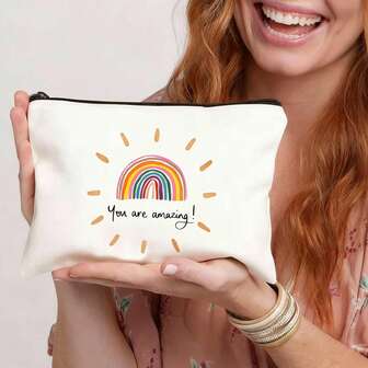 1pc "You Are Amazing" Watercolor Rainbow Linen Cosmetic Makeup Bag, Travel Toiletry Pouch