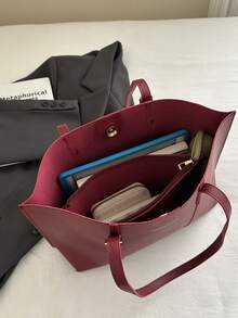 2pcs Women's Burgundy Quilted Lining Shoulder Tote Bag, Fashion Large Capacity Combination Handbag With Snap Closure, Casual Street Style For Daily Commute & Photography - Burgundy - View 4